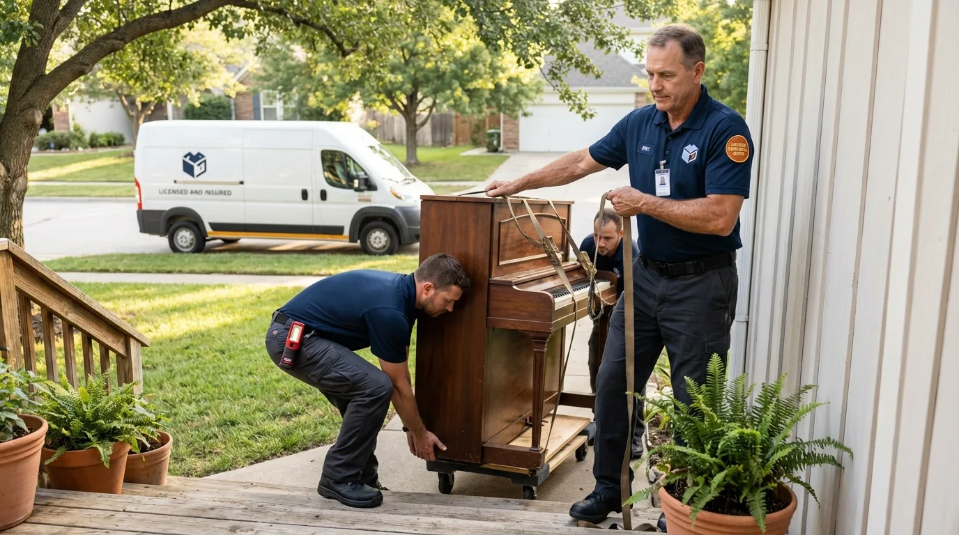 Licensed piano movers securing grand piano in Brookfield, WI
