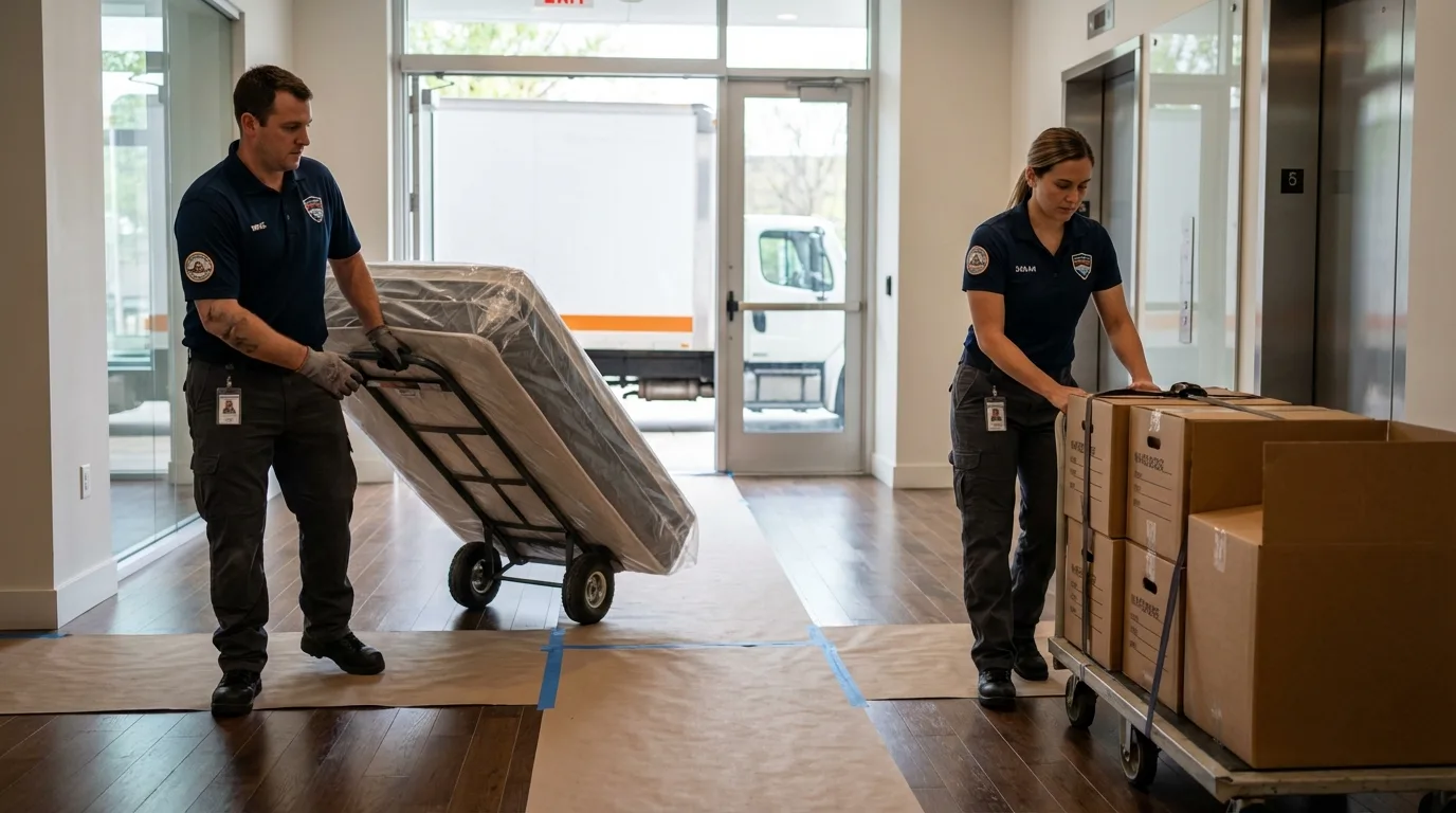 Professional apartment movers loading elevator in Brookfield, WI